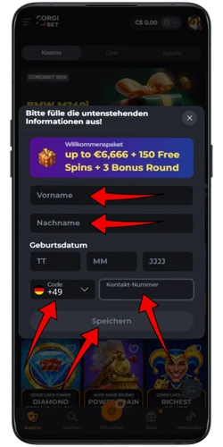 Corgibet Casino Profilformular mit Vorname, Nachname, Geburtsdatum und Code-Eingabe