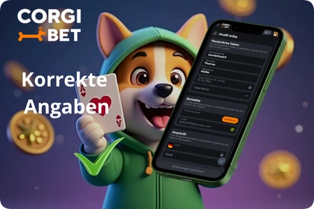 Corgibet Casino Profilseite mit persönlichen Daten und Adressfeldern
