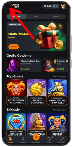 Corgibet Casino offizielle Website auf dem Smartphone mit Top-Spiele und Bonusangebot