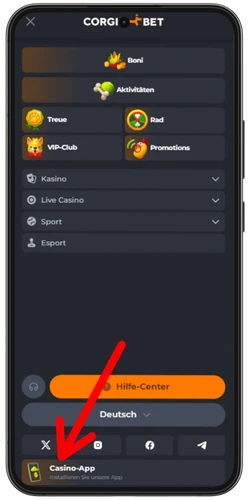 Corgibet Casino App-Link im Seitenmenü mit Casino-App Button im Footer