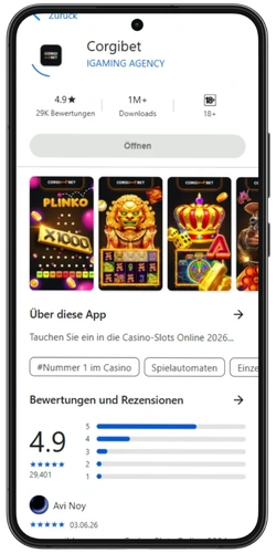 Corgibet Casino App im Google Play Store mit 4,9 Sternen und über 1 Million Downloads