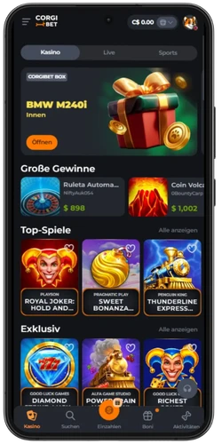 Corgibet Casino App Spiellobby nach dem Login mit Top-Spiele und Bonusangebot
