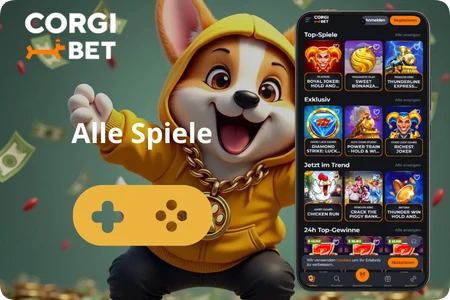 Corgibet Casino Spielbereich mit Kategorien Top-Spiele und Exklusiv auf dem Smartphone