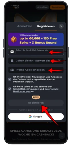 Corgibet Casino Registrierungsformular mit E-Mail, Passwort und Promo-Code Eingabe