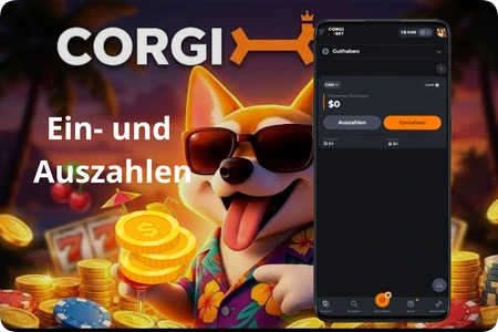 Corgibet App Kasse mit Einzahlung und Auszahlung auf dem Smartphone