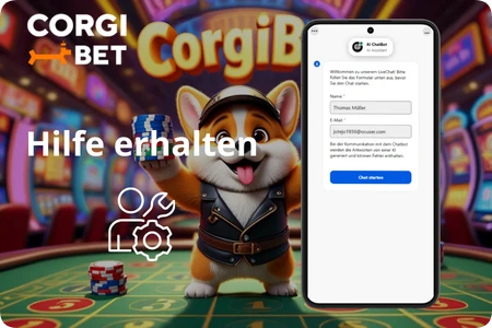 Corgibet Casino Live Chat Support mit Kontaktformular auf dem Smartphone
