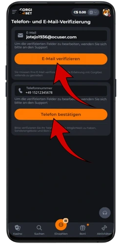 Corgibet Casino E-Mail und Telefon Verifizierungsseite mit Bestätigungsbuttons