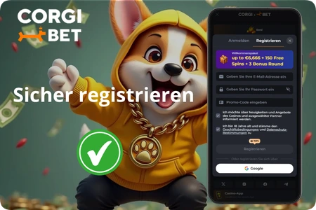 Corgibet Casino Registrierungsformular auf dem Smartphone mit Willkommensbonus