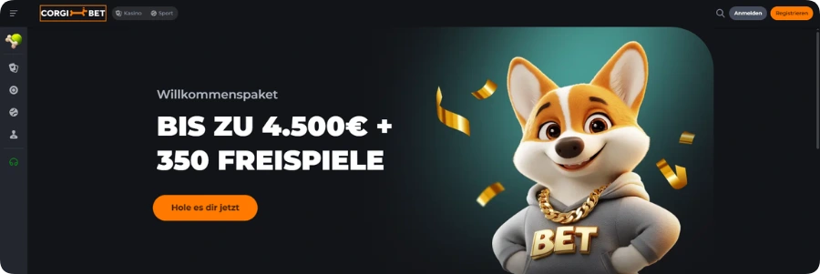 Corgibet Casino Hauptseite mit Willkommensbonus bis 4.500 € und 350 Freispielen im Desktop-Browser