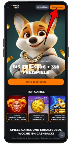 Corgibet Casino Startseite mit Registrieren-Button und Willkommensbonus bis 4.500 €