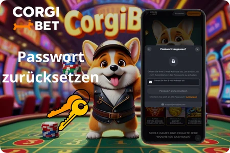 Corgibet Casino Passwort zurücksetzen Formular mit E-Mail-Eingabe auf dem Smartphone