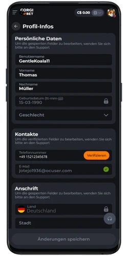 Corgibet Casino Profil-Infos Seite mit persönlichen Daten, Kontakten und Anschrift