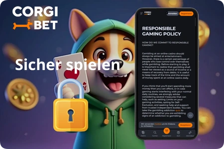 Corgibet Casino Responsible Gaming Policy Seite mit Sicherheitsschloss und Spielerschutz